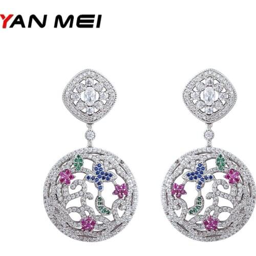 YAN MEI Hot Sale Zirconia Dangle Earrings For Women Flower Shape Multicolor Earring Wedding Accessories GLE6516Y