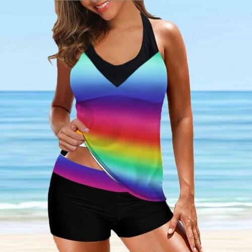 Women Sexy Tankini Beach Rainbow Stripes Print Backless Swimsuit Fashion Spaghetti Strap Female Bathing Suit Swimwear Plus Size