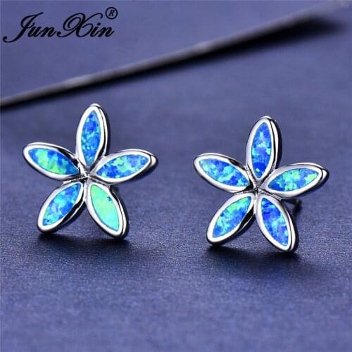 JUNXIN Female Blue White Fire Opal Snowflake Stud Earrings For Women Silver Color Flower Earrings Girls Jewelry
