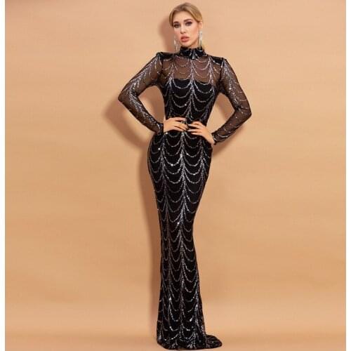 2021 New Bling Sequined Formal Dress Women Sexy O Neck Mesh Perspective Long Sleeve Party Dress Stand Collar Slim Dresses