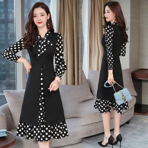Vintage Black Polka Dot Long Sleeve Midi Dress Autumn Winter 4XL Plus Size Bow OL Women Bodycon Dress Elegant Party Vestidos