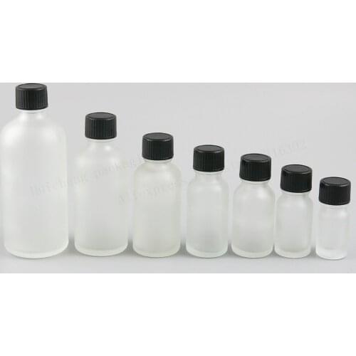12 x Refillable 100ml 50m 30ml 20ml 15ml 10ml 5ml Frost Clear Glass Bottles with Black Phenolic Cone Cap 1oz Cosmetic Container