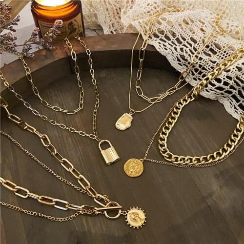 New Multi-layer Irregular Coin Lock Chain Choker Pearl Butterfly Necklaces For Women Golden Pendant Necklace Jewelry Gifts