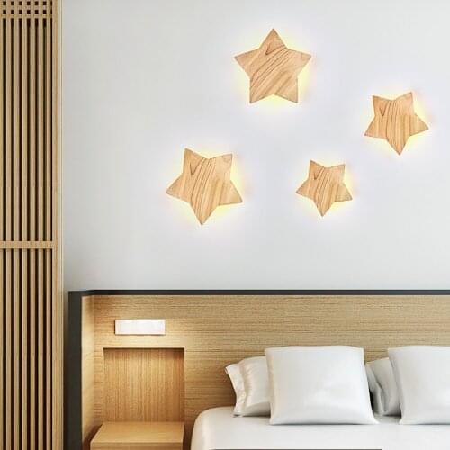 Wooden Star LED Wall Lamp Lovely Background Wall Decoration Light Bedroom Study Bedside Corridor Lighting Lamps Fixture