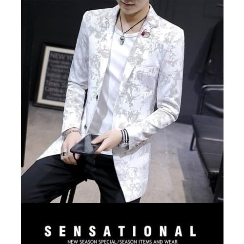 2021 mens mid-length print slim fit suit youth double button casual blazer