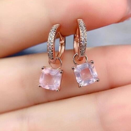 Natural pink crystal earrings S925 silver inlaid natural rose quartz Earring buckle Classic square Womens birthday gifts