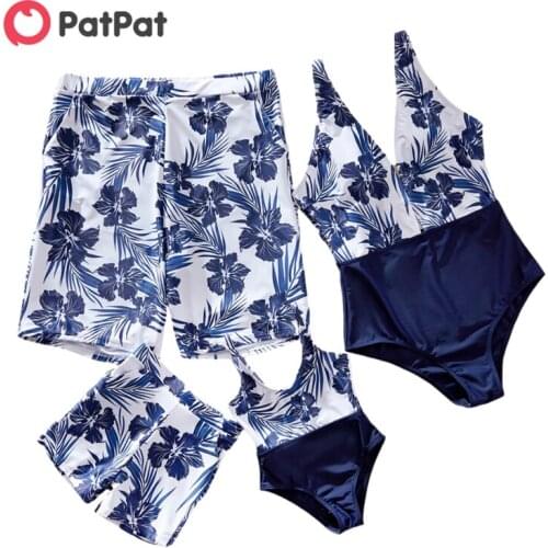 PatPat 2021 New Arrival Summer Floral and Leaf Print Splicing One-piece Family Matching Swimwear Family Look