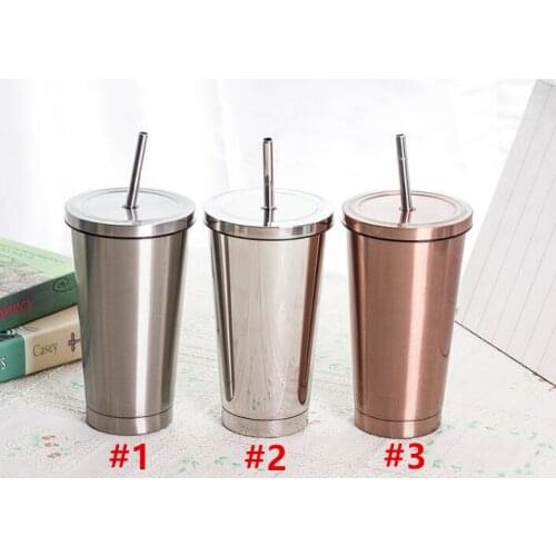 Quevinal 20pcs 500ml 17oz Fashion Coffee Straws Cups Stainless Steel Double Wall Beer Vacuum flask Travel Tea thermos mugs