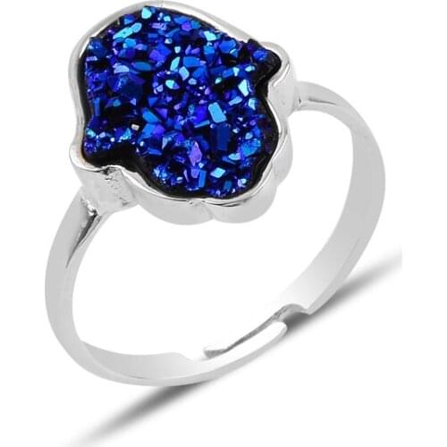 Silverlina Silver Fatma Master Hand Druzy Gemstone Adjustable Tall Ring