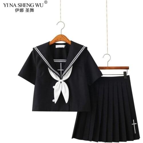 Cross Embroidery School Uniform High School Girl Sailor Suits Cosplay Costume Black Short Long Sleeve Japanese Anime Uniforms