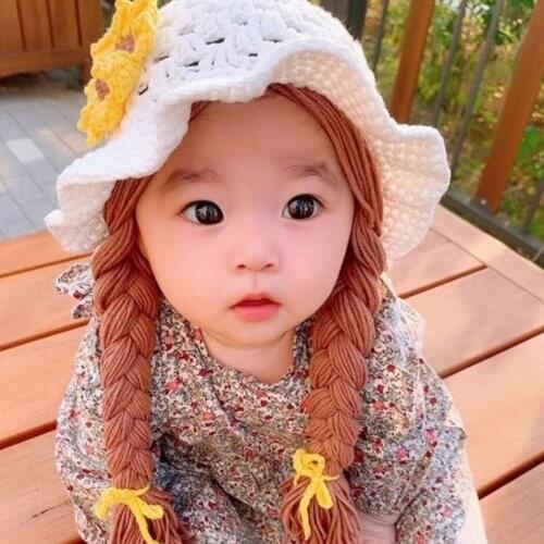 Cute Knitted Hats Baby Braided Wig Woolen Yarn Knitted Hat Sunflower Cherry Cap Photo Prop Autumn Winter Ear Protection Hat