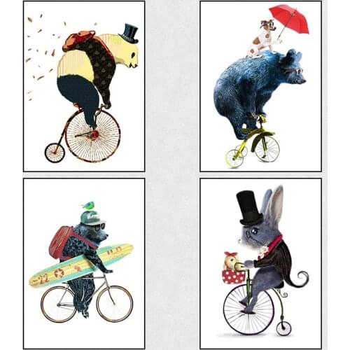 Nordic Cartoon Animal Decorative Painting Cute Cubs Bike Riding Panda Skateboard Puppy Red Umbrella Canvas Painting Nursery
