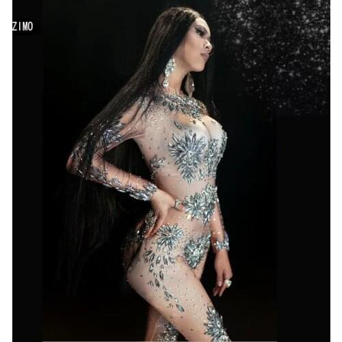 Rhinestones Jumpsuit women Fashion crystal Bodysuit Sexy Big Stretch Dance Birthday Party nightclub Legging stage Outfit costume