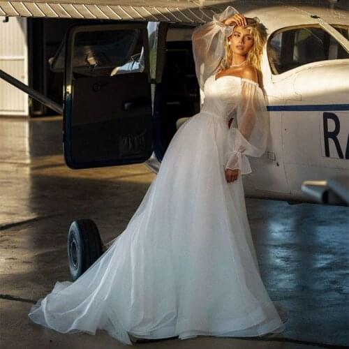 Off Shoulder Long Puffy Sleeves Wedding Dress Ruched Organza Backless 2021 Boho Beach Sweetheart Bridal Gown Simple Large Sizes