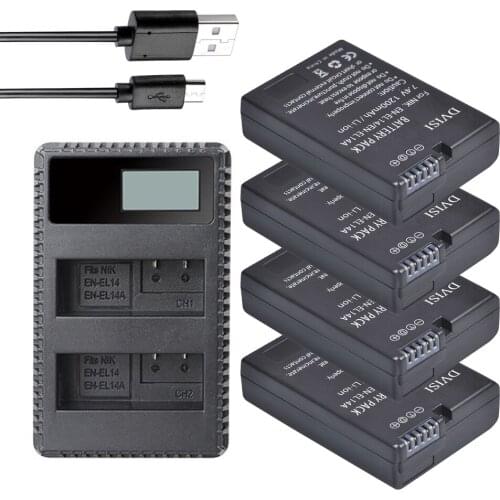 4Pcs EN-EL14 EN EL14 Battery + LCD Dual Charger for Nikon D3100 D3200 D3300 D5100 D5200 D5300 D5500 DF P7000 P7100 P7700 P7800