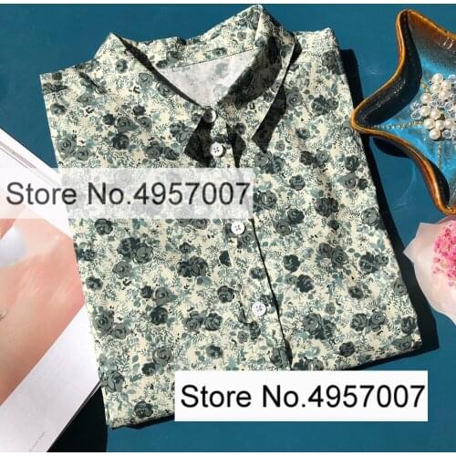 Women Cotton Lapel Long Sleeve Buttoned Floral Printing Blouse Shirt