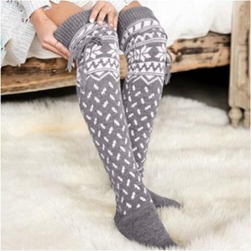 Women Christmas Elk Stockings Adults Knitted Casual Style Over-knee Stockings with Pompom