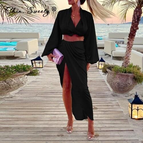 Women Long Sleeve Crop Tops Midi Skirts Set 2021 Autumn V-neck Ruched Side Split Skirts Two Piece Set Ladies Club Party Vestidos