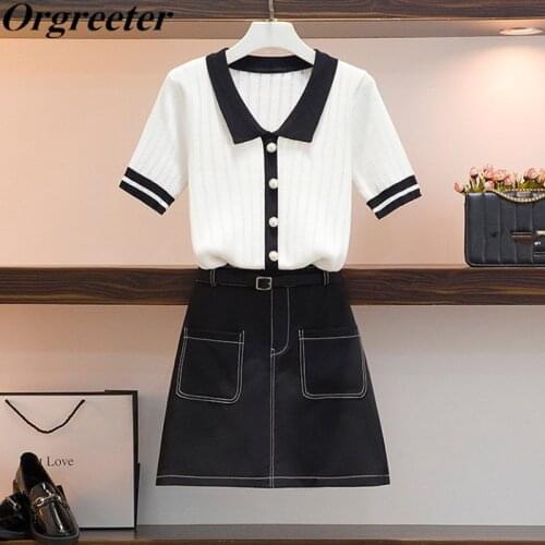 Korean Vintage Knitwear Two piece set Women Summer Lapel Pearl button Breathable Pullover Tops and High waist A-line Skirt Suits