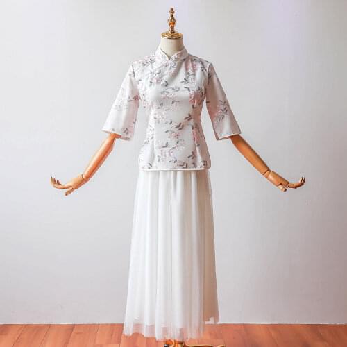 Vantage White Cheongsam Half Sleeve Wedding Embroidery Chinese New Two-piece Bridesmaid Dress Female Hanfu Coctail Dress 9440