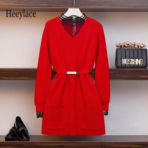 Plus Size Autumn Dreses Women Knitted Top dress Office Ladies Lace Patchwork Long Sleeve High Waist Belt Knitting Dresses 2021