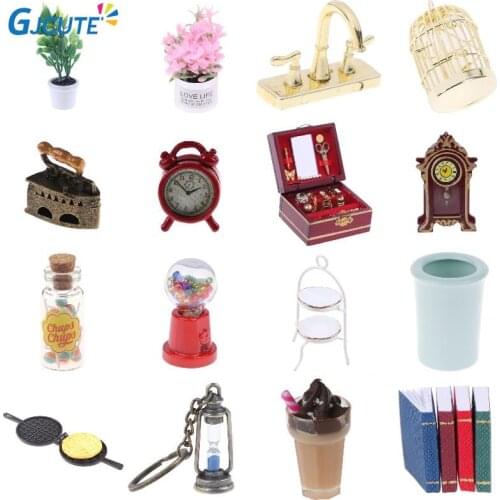 1Pc/Set Cute Green Potted Plant Bird Cage Trash Can Candy Bottle Milk Tea Clock Dollhouse Simulation Toys Accessories