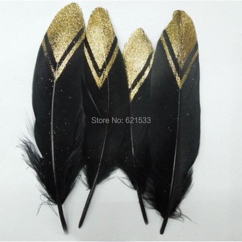 50Pcs/LOT! 13-20CM Gold Dipped Black Goose Satinettes Feathers,Gold hand painted with Glitter, Perfect for Earring &Millinery