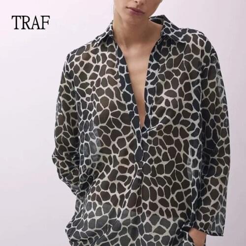TRAF Za Woman Blouses 2021 Summer Printed Loose Long Sleeve Vintage Top Woman Clothing Oversized Shirts Buttons Chic Tops Female