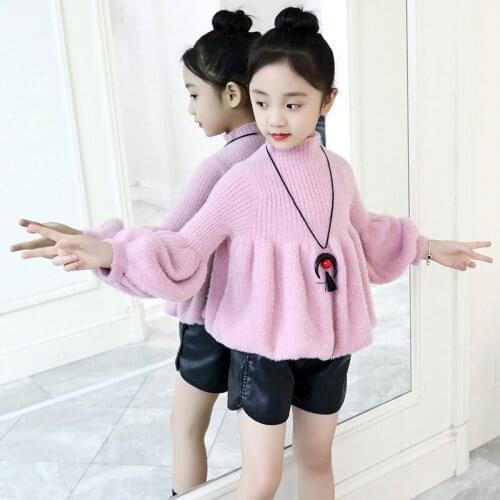 Kids Semi-high Neck Sweater Lantern Sleeve Girls Sweater For Spring Autumn Children Clothing Solid Color Kids Girl Sweater Cloth