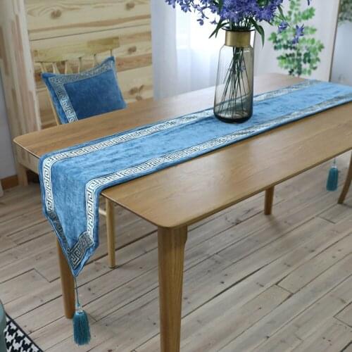 ESSIE HOME Luxury Classic Blue Teal Blue Peacock Blue Soft Chenille Velvet Table Runner Table Cloth Embroidery Placenmat