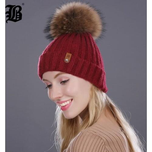 [FLB] Winter Hat For Women Girls Knitted Wool Beanies Cap Natural Raccoon Mink Fur Pom Poms Hat Female Bonnet Femme Skullies