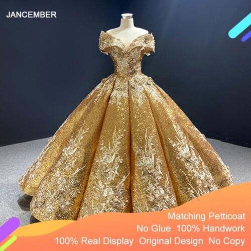 J66536c Jancember Gold Evening Dress 2020 Off The Shoulder Appliques Ball Gown Swollen Formal Dresses