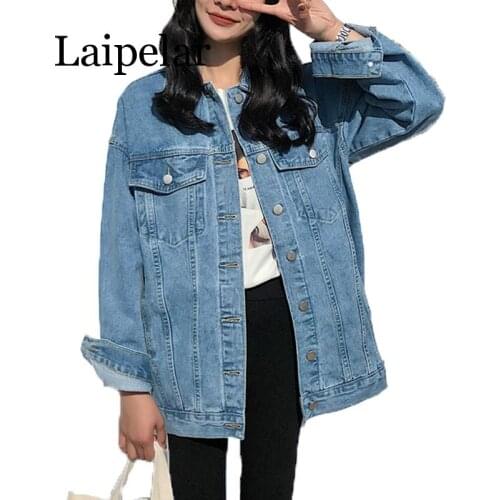 Laipelar Solid Turn-down Collar Jean Jacket for Women Loose Casual Blue Fashionable Women Coats Female outwear Denim Feminine