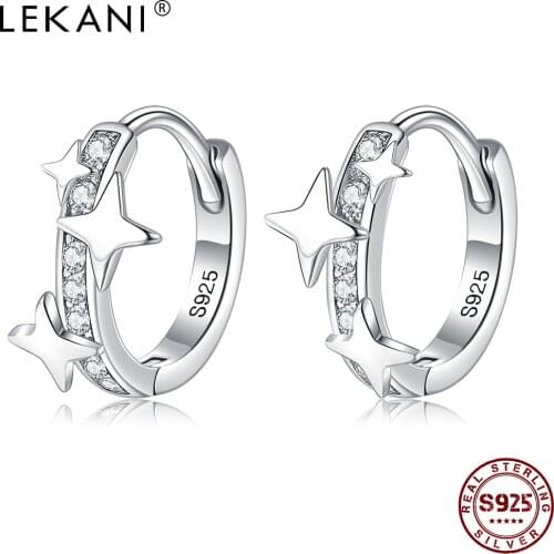 LEKANI 925 Sterling Silver Hoop Earrings For Women 5A Clear Cubic Zirconia Star Earrings Girl Engagement Gifts Fine Jewelry New