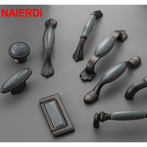 NAIERDI Ceramic Cabinet Knobs Handles Mediterranean Blue Gray Wardrobe Door Pulls European Furniture Handle Cabinet Hardware