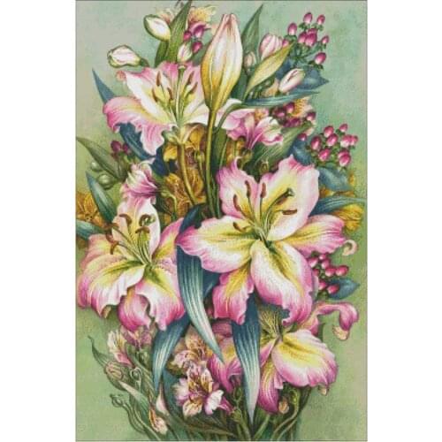 Pink lily flower patterns Counted Cross Stitch 14CT 18CT DIY wholesale Chinese Cross Stitch Kits Embroidery Needlework Sets