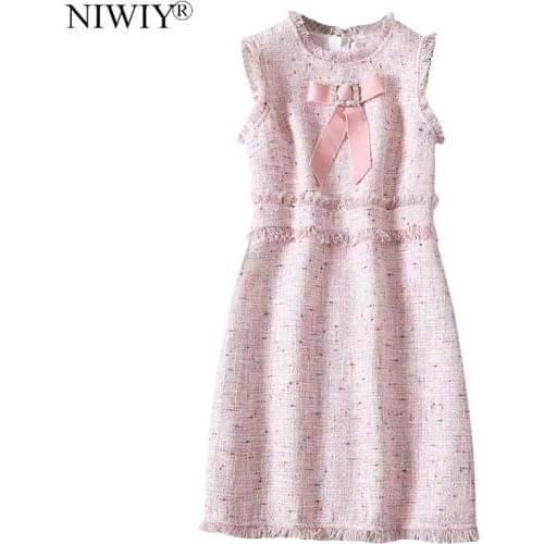 NIWIY Brand Elegant Women Party Dresses Vestidos Verano 2021 Ladies Sleeveless Bowknot Tweed Christmas Dress Sukienki K9089
