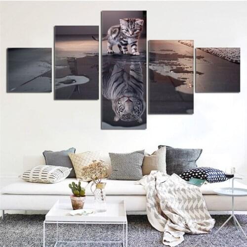 Newest Island 5 Panels Decorations Modern Canvas Prints Artwork Cat and Tiger Pictures Paintings Canvas Wall Art Painting Decor