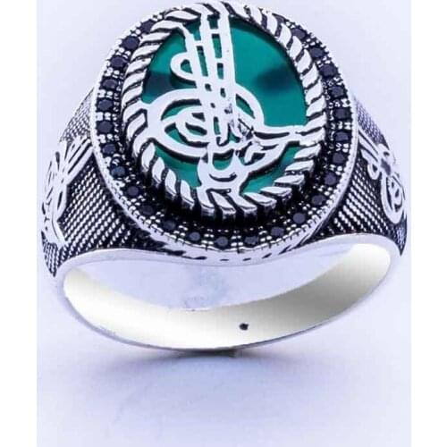 Ottoman Monogram Green Agate Stone Silver Ring