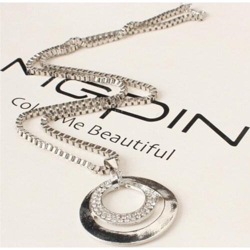 1Pcs Women Fashion Long Chain Crystal Rhinestone Chunky Double Circle Pendant Necklace Women Fashion Jewelry Gift