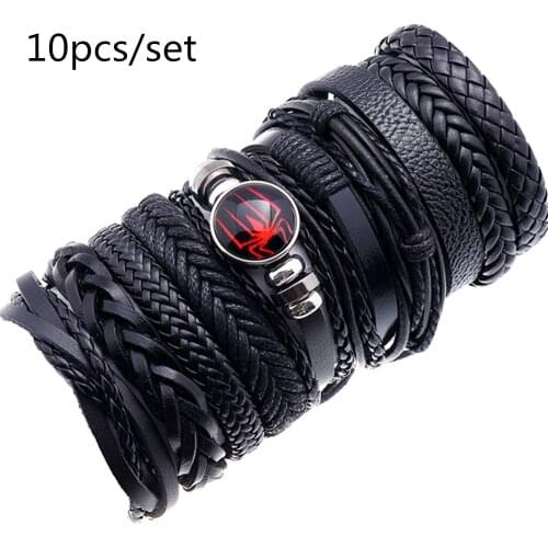 Red Spider Black Bracelets 10pcs/set Braided Handmade Men Bracelets Women Leather Bracelet Men Bangle Wholesale Jewelry Gift