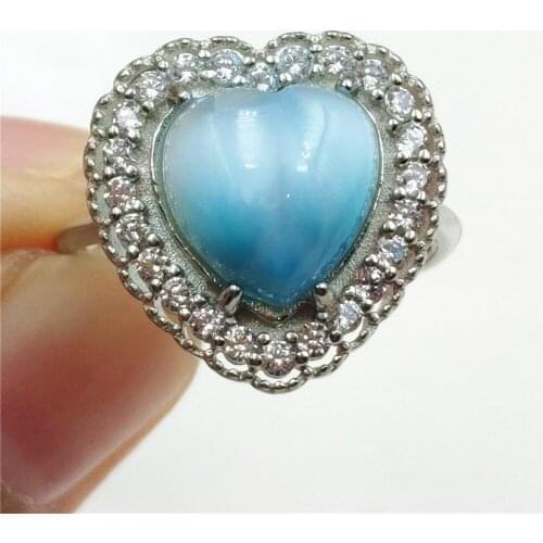 Namibia Natural Larimar Blue Dominia Heart Adjustable Ring 10x10mm Water Pattern Love Larimar 925 Sterling Silver AAAAAA
