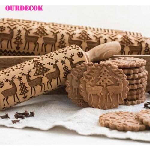 Christmas Embossing Rolling Pin Baking Cookies Noodle Biscuit Fondant Cake Dough Engraved Roller Reindeer Snowflake