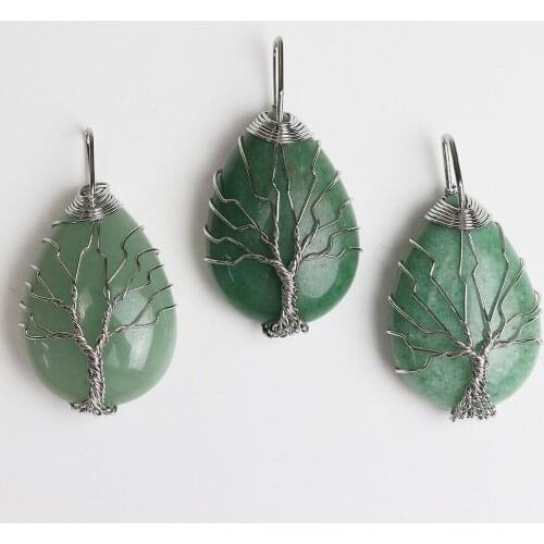 Teardrop green aventurine Stone Crystal Gold Color Wire Wrap Handmade Tree of Life Drop Shape Natural Pendants