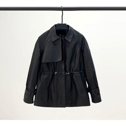 Spring New Fashion Leather Jacket Womens Mid-length Waist Windbreaker Was Thinner Sheep Skin Korean Casual Jacket