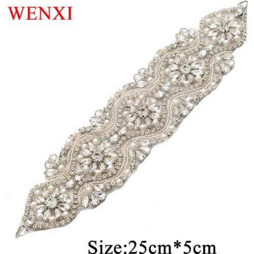 WENXI 1PCS Hand Beaded Sewing Silver Crystal Rhinestone Applique Patch For Fresses Headband DIY Iron On WX840
