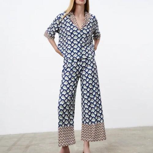 XIKOM 2021 Women Two-piece Set Print Kimono Single Breasted Vintage Long Sleeve Loose Shirt Female Beach Style Pants Suits