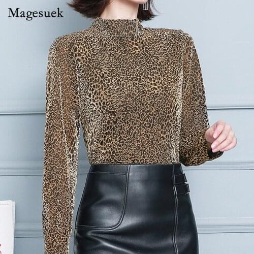 Elegant Shinny Half High Collar Long Sleeve T-shirt 2021 Autumn New Women Leopard Bottoming Shirt Elastic Slim Tops Blusa 16738