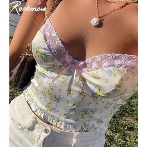 Rockmore Lace Patchwork Bow Y2K Cami Women Summer Sexy V-neck Spaghetti Strap Flower Printed Short Camisole Casual Nightclub Top