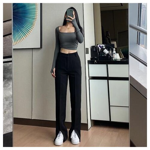 Women Pants Front Slit Suit Pants 2021 Spring High Waist Straight Street Workwear Casual Pants Women Pantalones De Mujer